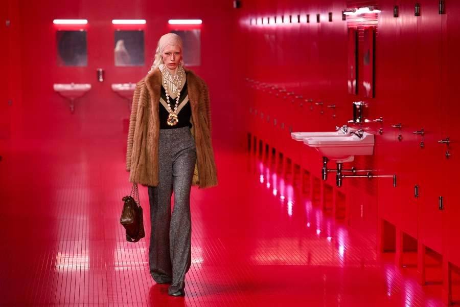 A model presents a creation by designer Alessandro Michele as part of his Fall/Winter 2025-2026 Women's ready-to-wear collection show for fashion house Valentino during Paris Fashion Week in Paris