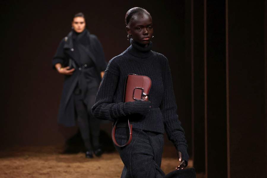 A model presents a creation by designer Nadege Vanhee as part of her Fall/Winter 2025-2026 Women's ready-to-wear collection show for fashion house Hermes during Paris Fashion Week in Paris