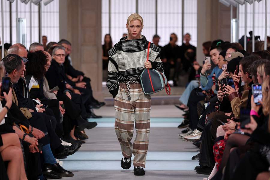 Felix Yongbok Lee presents a creation by designer Nicolas Ghesquiere as part of his Fall/Winter 2025-2026 Women's ready-to-wear collection show for fashion house Louis Vuitton during Paris Fashion Week in Paris