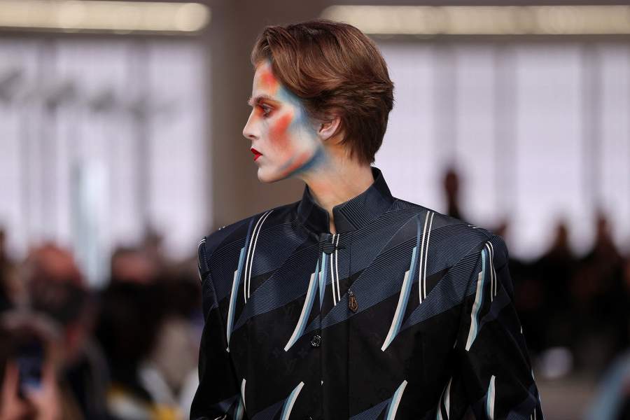 A model presents a creation by designer Nicolas Ghesquiere as part of his Fall/Winter 2025-2026 Women's ready-to-wear collection show for fashion house Louis Vuitton during Paris Fashion Week in Paris