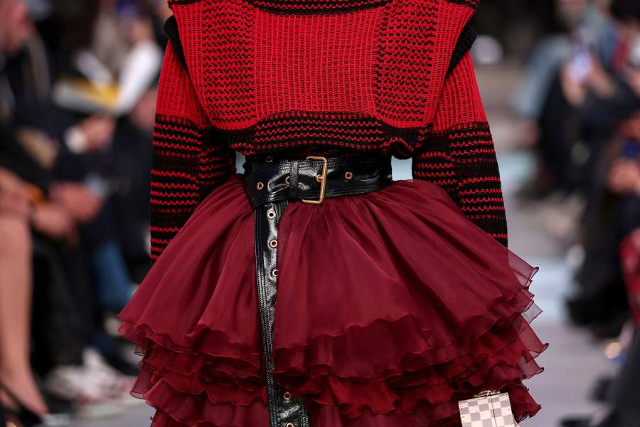 A model presents a creation by designer Nicolas Ghesquiere as part of his Fall/Winter 2025-2026 Women's ready-to-wear collection show for fashion house Louis Vuitton during Paris Fashion Week in Paris