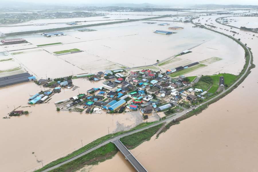 An aerial view of flooding caused by torrential rain in Yesan, South Korea, July 17, 2025