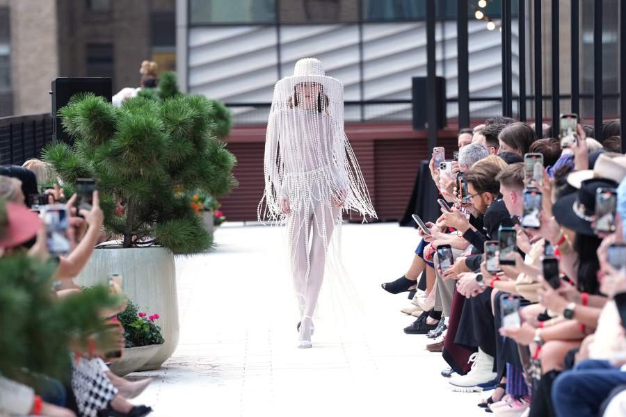 NEW YORK, NEW YORK - SEPTEMBER 14: A model walks the runway for SADIE JAMES HAT CO during the Flying Solo NYFW Fashion Show on September 14, 2025 in New York City. (Photo by Ilya S. Savenok/Getty Images for Flying Solo)