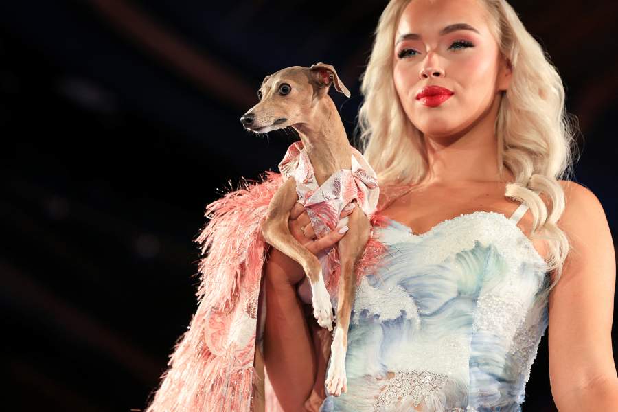 A model holds a dog presenting a creation by Anthony Rubio during New York Fashion Week, in New York City, U.S., September 13, 2025. REUTERS/Caitlin Ochs