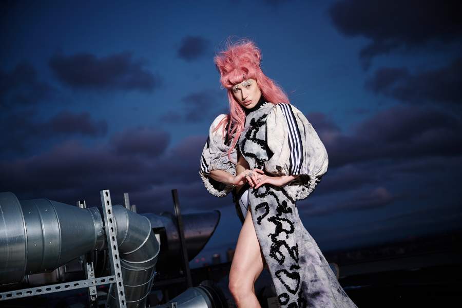 LONDON, ENGLAND - SEPTEMBER 18: A model poses backstage ahead of the Vin + Omi: Dysphoriana show during London Fashion Week September 2025 at Art'otel London on September 18, 2025 in London, England