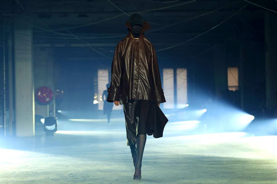 A model presents a creation by designer Guram Gvasalia as part of his Spring/Summer 2026 Women's ready-to-wear collection show for Vetements label during Paris Fashion Week in Paris, France, October 3, 2025.