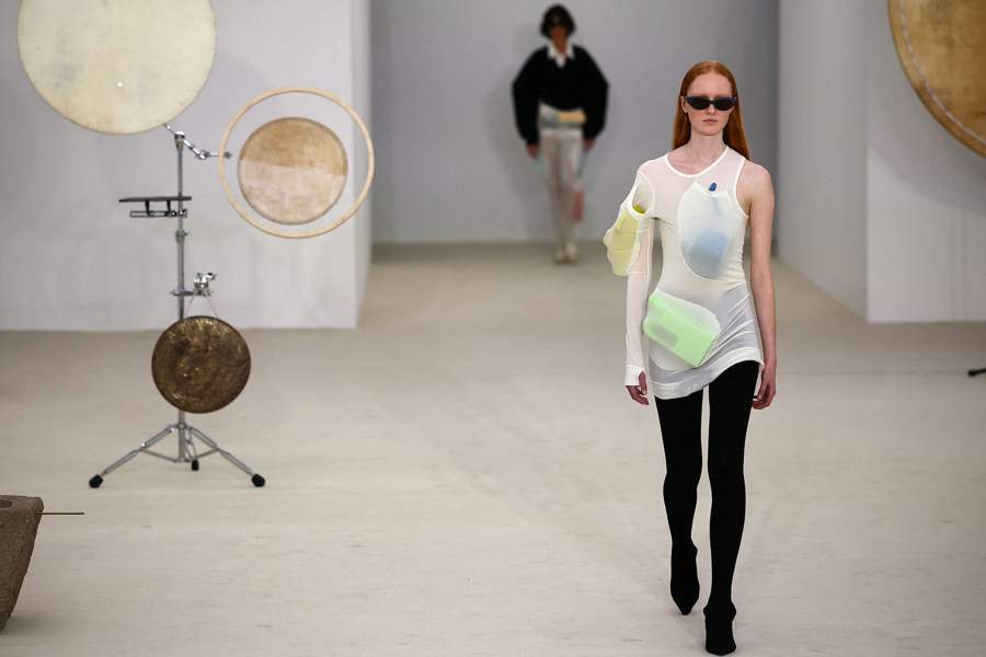 A model presents a creation by designer Satoshi Kondo as part of his Spring/Summer 2026 Women's ready-to-wear collection show for the fashion house Issey Miyake during Paris Fashion Week in Paris, France, October 3, 2025