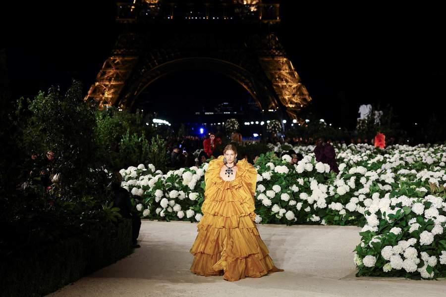 A model presents a creation by designer Anthony Vaccarello as part of his Spring/Summer 2026 Women's ready-to-wear collection show for the fashion house Yves Saint Laurent during Paris Fashion Week in Paris, France, September 29, 2025. 