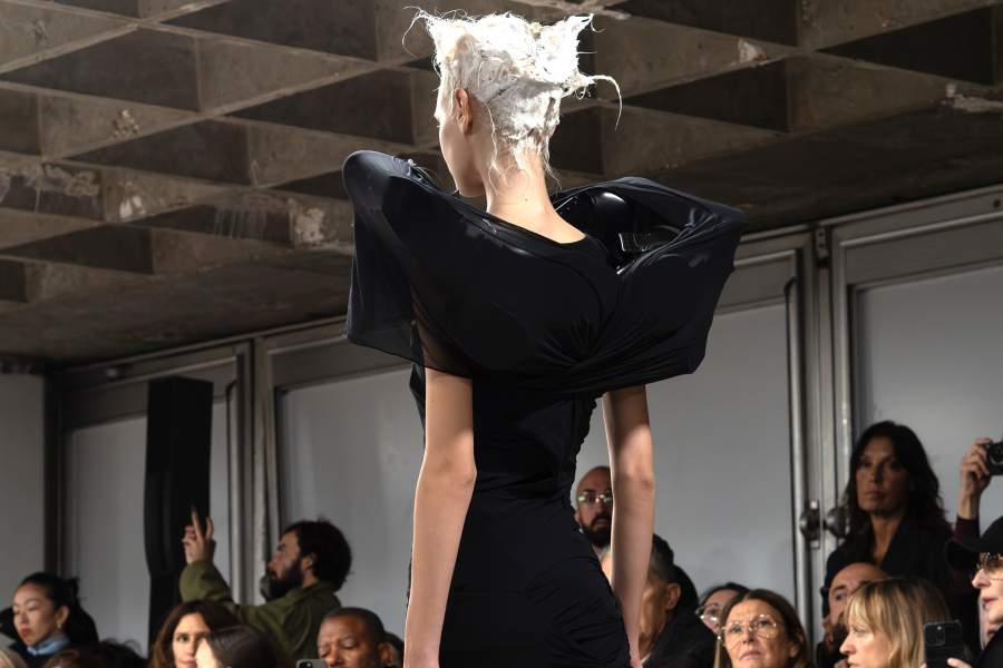 Model on the runway on the runway at the Junya Watanabe fashion show as part of Spring/Summer 2026 Paris Fashion Week on October 04, 2025 in Paris, France. (Photo by Mirella Malaguti/WWD via Getty Images)