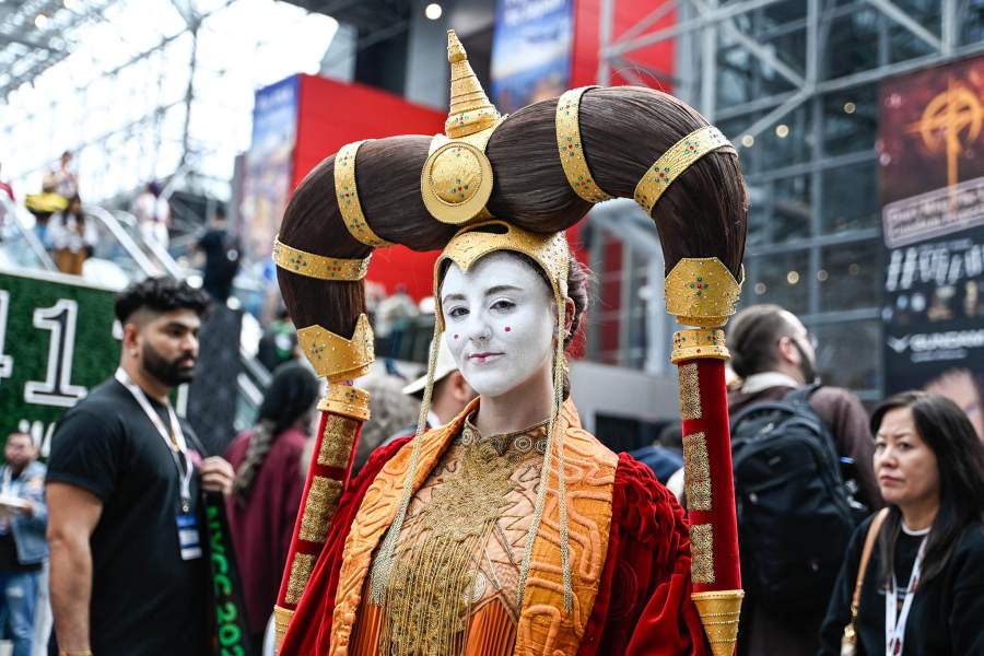 NEW YORK, NEW YORK - OCTOBER 11: A cosplayer poses as Queen Amidala from Star Wars during day 3 of New York Comic Con 2025 on October 11, 2025 in New York City. (Photo by Daniel Zuchnik/Getty Images)