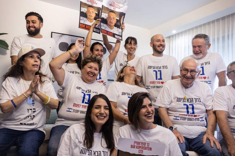 Relatives of Israeli hostage Bar Abraham Kupershtein, held in Gaza since the deadly October 7, 2023 attack by Hamas, await his release as part of a hostages-prisoners swap and a ceasefire deal in Gaza between Hamas and Israel, in Holon, Israel October 13, 2025