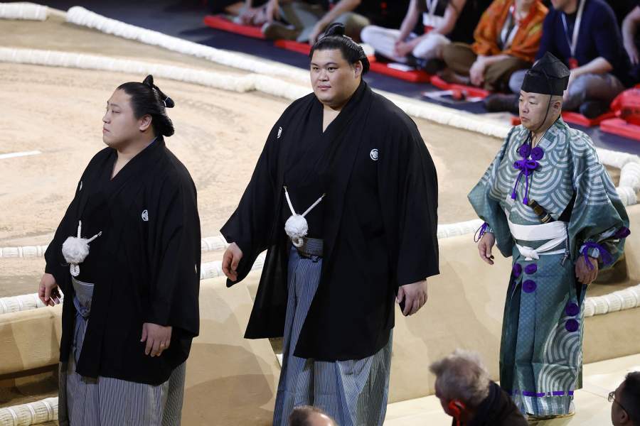 Sumo Wrestling - The Grand Sumo Tournament - Royal Albert Hall, London, Britain - October 15, 2025 Yokozunas Onosato and Hoshoryu ahead of the tournament Action Images via Reuters/Peter Cziborra
