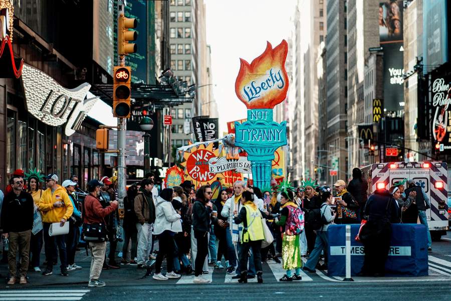 People attend a "No Kings" protest against U.S. President Donald Trump's policies, in New York City, U.S., October 18, 2025