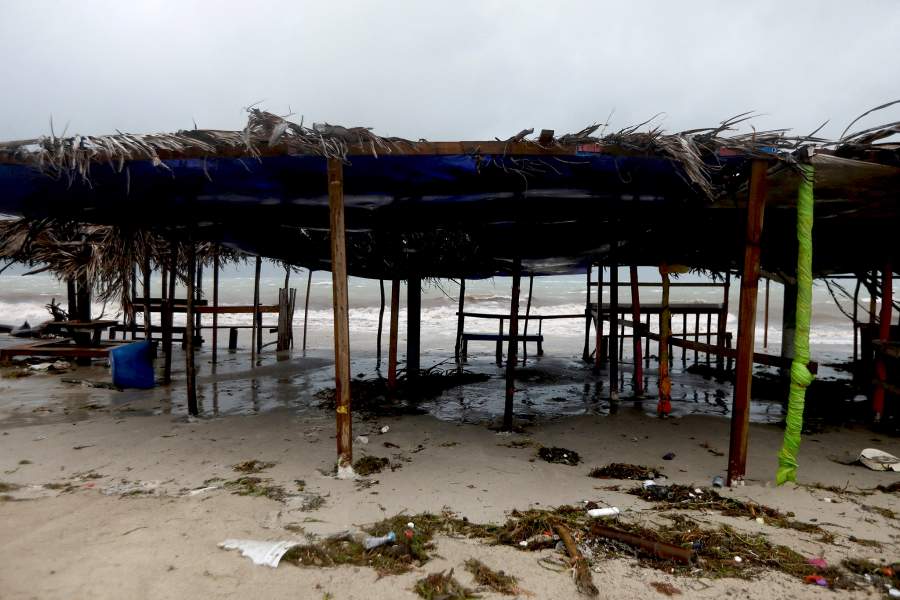 A structure stands on the sand ahead of Hurricane Melissa at Hellshire Beach, in the coastal town of Hellshire, Jamaica