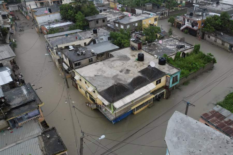 A drone view shows a flooded area amid rain caused by Tropical Storm Melissa, in Santo Domingo, Dominican Republic