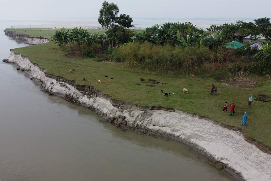A drone view of Moshaler Char island gradually vanishing into the Brahmaputra River because of erosion, in Kurigram, Bangladesh, October 29, 2025. REUTERS/Sam Jahan