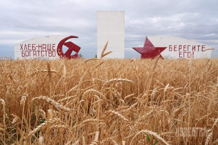 Советский монумент в поле во время уборки урожая пшеницы в Кировском районе Ставропольского края