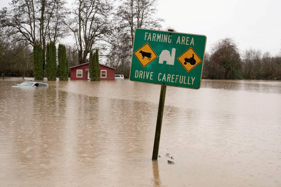 A farming area flooded by the Green River, as extreme weather continues in the Pacific Northwest, in Kent, Washington, U.S., December 18, 2025