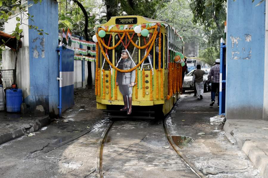 Decorations is seen on a tram on the eve of 125th birth anniversary of Netaji Subhas Chandra Bose, Kolkata, India, 22 January, 2022. (Photo by Indranil Aditya/NurPhoto via Getty Images)