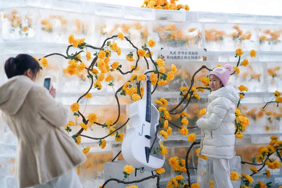 A tourist poses for a photo in front of a display of roses frozen in ice bricks on December