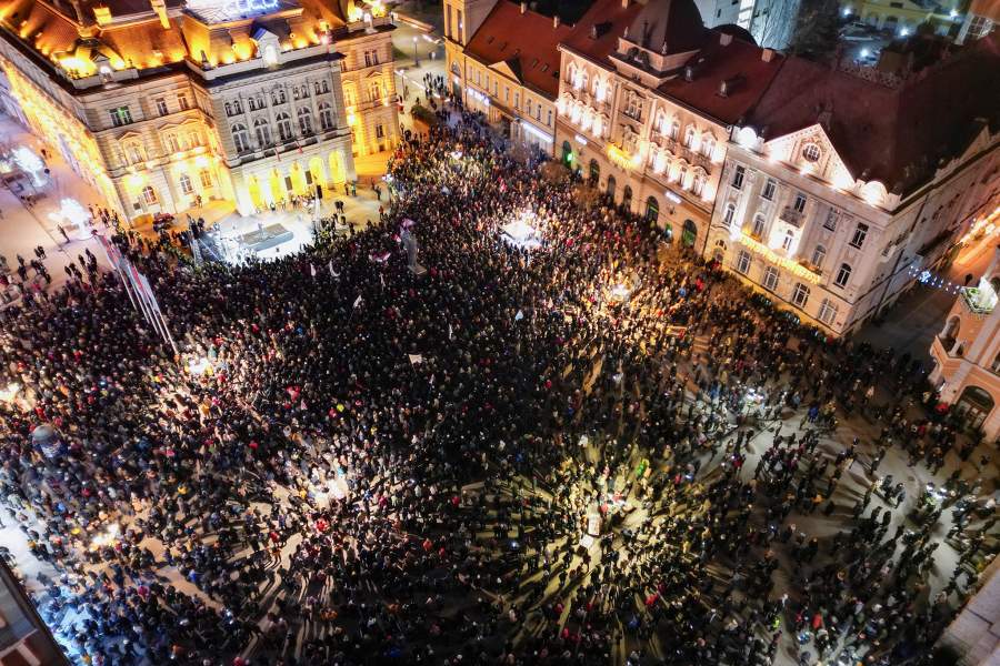 A drone view shows students and other demonstrators gathered for the first protest of the year, after months of rallies demanding political accountability and elections, following the deadly collapse at the city’s railway station, in Novi Sad, Serbia, January 17, 2026