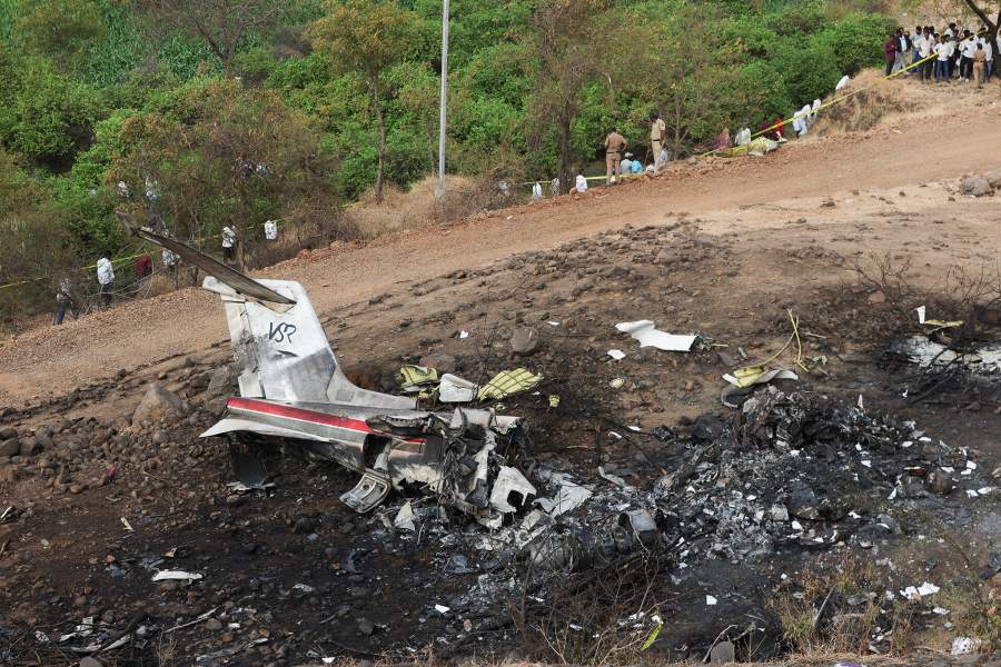 The wreckage of the VSR Ventures-operated Learjet 45 aircraft in which Maharashtra Deputy Chief Minister Ajit Pawar and four others were killed after it crashed in Baramati, India, January 28, 2026. 