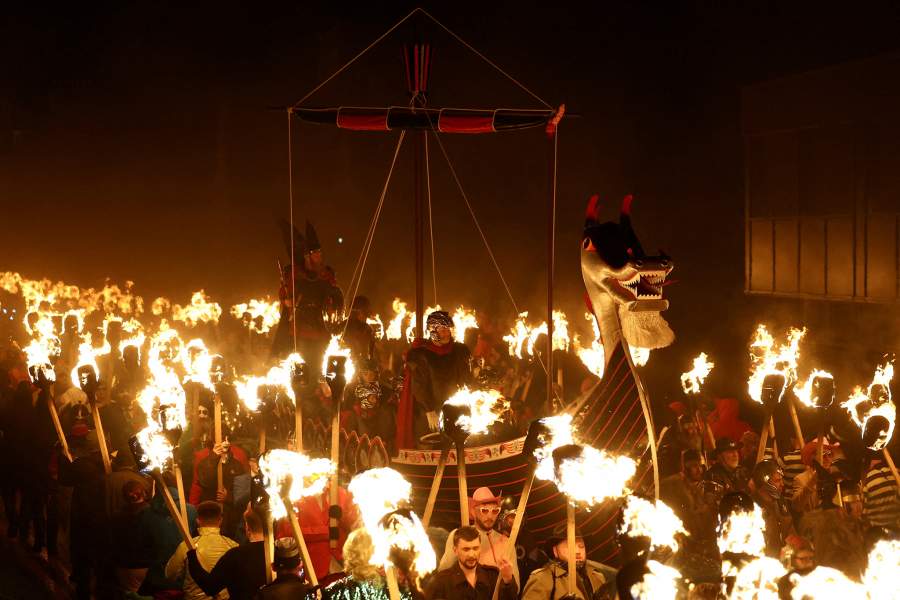 Jarl Squad vikings take part in a procession during Up Helly Aa, Europe's largest fire festival marking the end of the yule season, in Lerwick, Shetland Islands, Britain, January 27, 2026. REUTERS/Toby Shepheard 