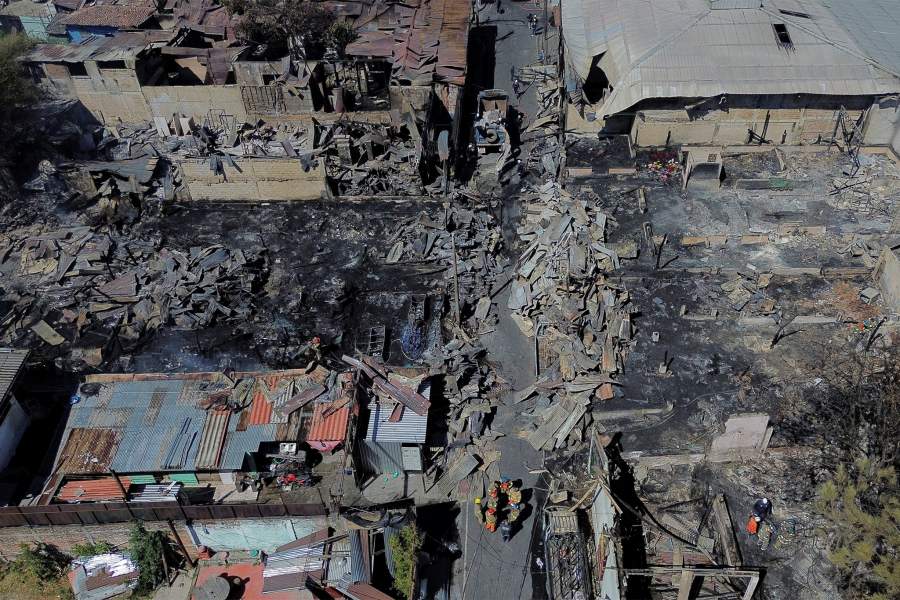 A drone view of the scene of a fire in downtown San Salvador, El Salvado