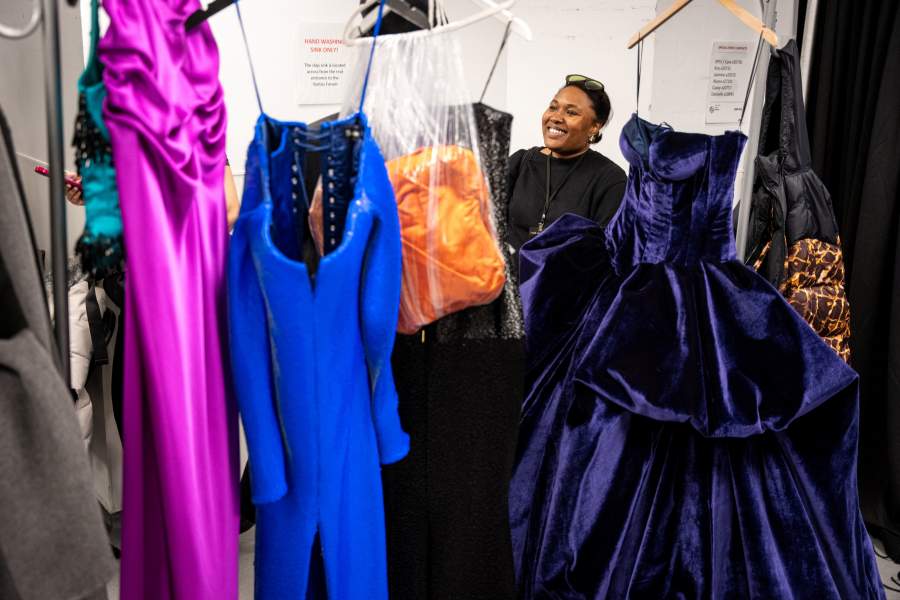Dresses for the Sergio Hudson Fall and Winter 2026 show hang backstage during New York Fashion Week in New York City, U.S., February 13, 2026. REUTERS/Angelina Katsanis