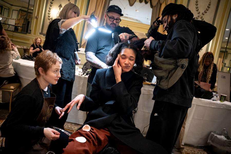 A model gets ready backstage for the Bibhu Mohapatra Fall and Winter 2026 show during New York Fashion Week in New York City