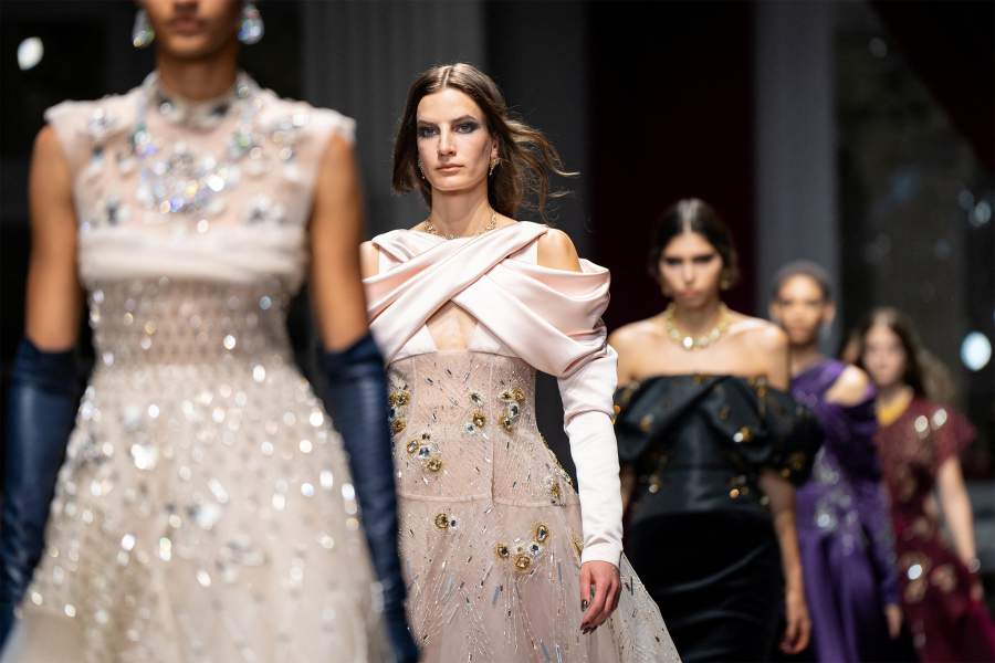 Models present creations from the Bibhu Mohapatra Fall and Winter 2026 collection during New York Fashion Week in New York City