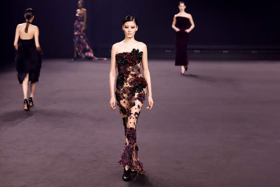Model on the runway at the Elie Saab fashion show as part of Paris Fashion Week Fall 2026 held at Carrousel du Louvre on March 07, 2026 in Paris, France. (Photo by River Callaway/WWD via Getty Images)
