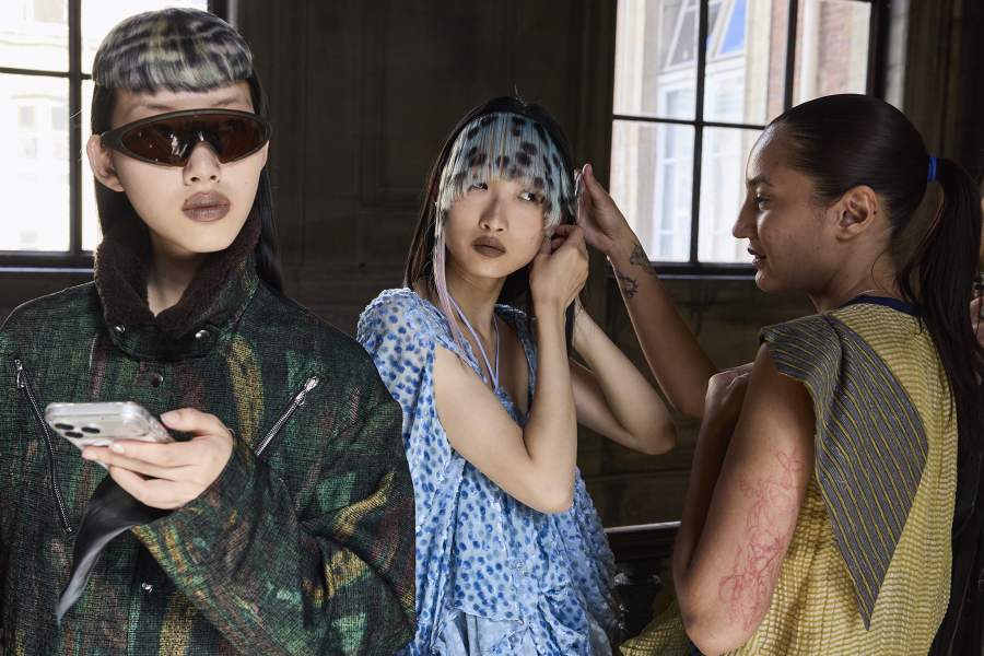 PARIS, FRANCE - MARCH 09: (EDITORIAL USE ONLY - For Non-Editorial use please seek approval from Fashion House) Models pose backstage prior to the Kiko Kostadinov Womenswear Fall/Winter 2026-2027 show as part of Paris Fashion Week on March 09, 2026 in Paris, France. (Photo by Benjamin Cremel/Getty Images)