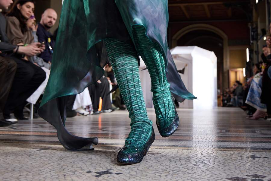 PARIS, FRANCE - MARCH 09: (EDITORIAL USE ONLY - For Non-Editorial use please seek approval from Fashion House) A model, shoe detail, walks the runway during the Kiko Kostadinov Womenswear Fall/Winter 2026-2027 show as part of Paris Fashion Week on March 09, 2026 in Paris, France. (Photo by Peter White/Getty Images)