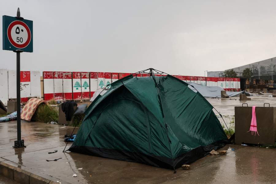 A tent used by displaced people during rainfall, following an escalation between Hezbollah and Israel, amid the U.S.-Israeli conflict with Iran, in Beirut, Lebanon, March 15, 2026.