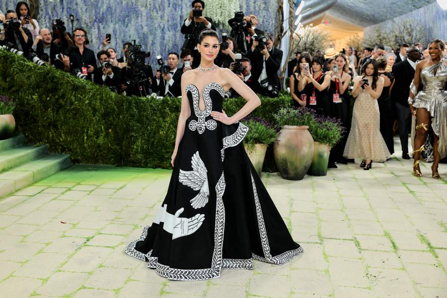 Anne Hathaway poses during the Met Gala, an annual fundraising gala held for the benefit of the Metropolitan Museum of Art's Costume Institute with this year's theme 'Costume Art' in New York City, New York, U.S., May 4, 2026.