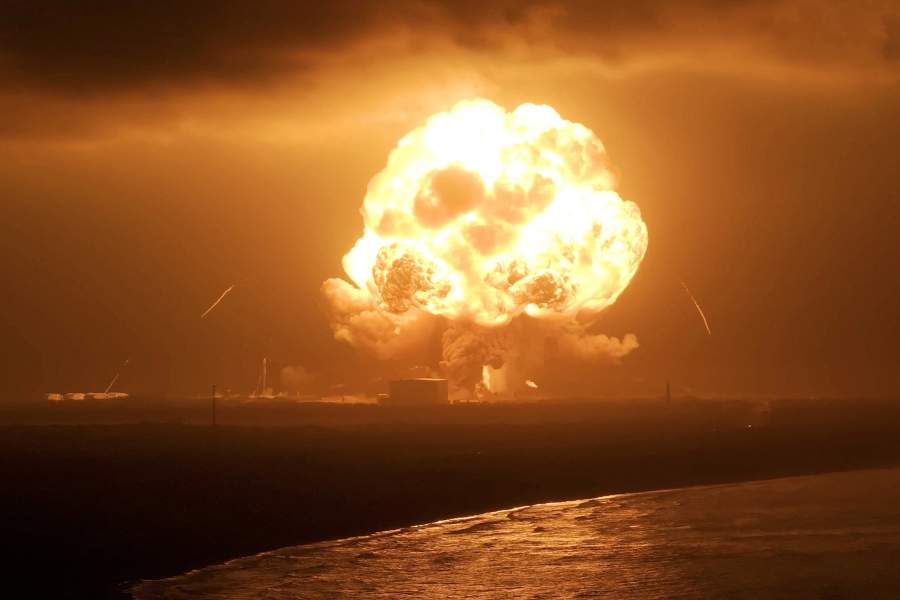 Fire during an explosion of the uncrewed Blue Origin's New Glenn rocket during a test on a launchpad in Cape Canaveral, Florida