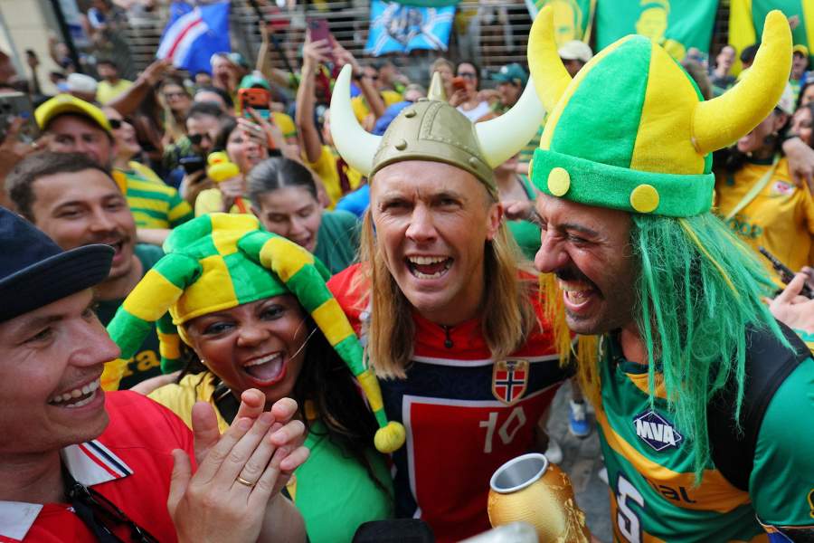 Soccer Football - FIFA World Cup 2026 - Brazil fans hold flag rally in Brooklyn - New York City, New York, U.S. - July 3, 2026 Brazil fans react with Norway fans as they gather in Brooklyn ahead of their Round of 16 match against Norway IMAGN IMAGES via Reuters/Caean Couto