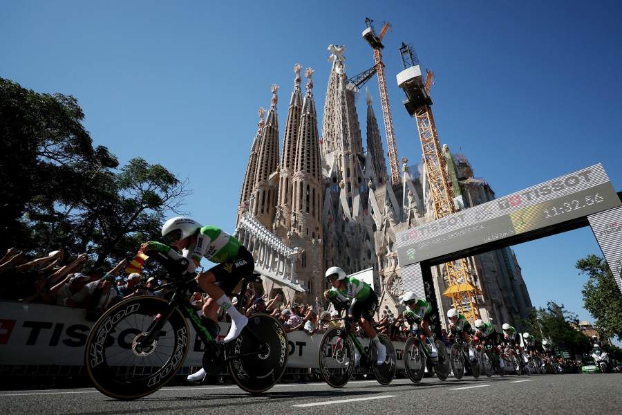 Cycling - Tour de France - Stage 1 - Barcelona to Barcelona - Barcelona, Spain - July 4, 2026 General view of Basilica of the Sagrada Familia as Caja Rural - Seguros RGA cyclists are seen at the start of stage 1