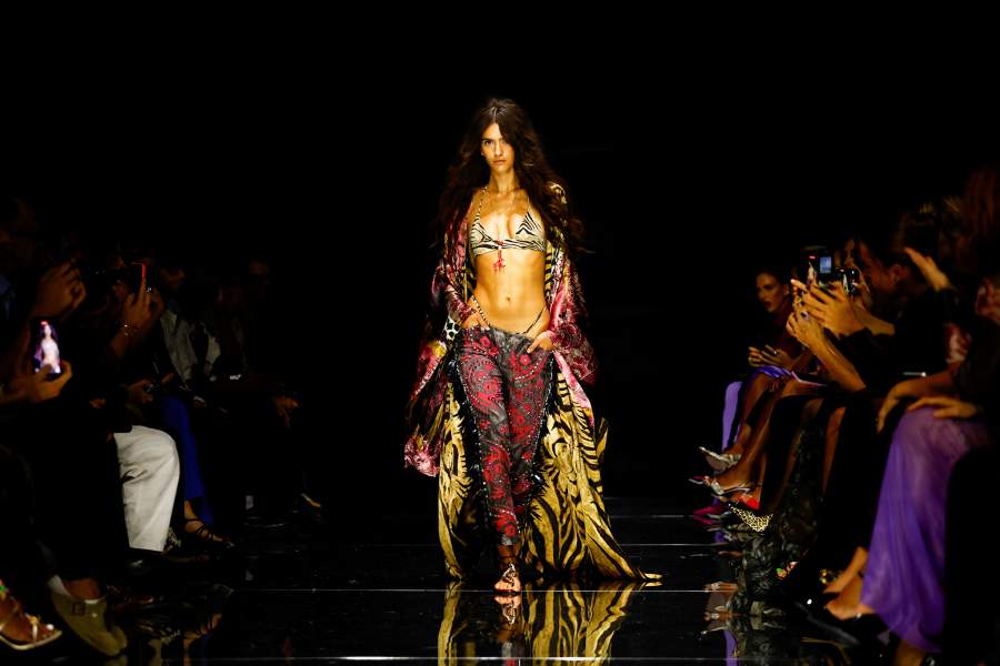 A model presents a creation from the Roberto Cavalli Spring/Summer 2027 collection during Fashion Week in Milan, Italy, September 24, 2026. 