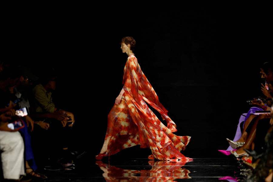A model presents a creation from the Roberto Cavalli Spring/Summer 2027 collection during Fashion Week in Milan, Italy, September 24, 2026. 