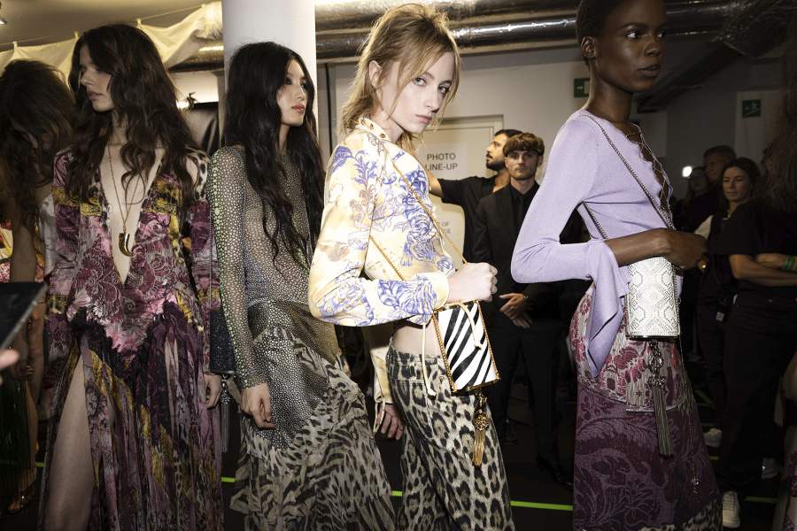 Roberto Cavalli - RTW Spring/Summer 2027 - Backstage Backstage at the Roberto Cavalli fashion show as a part of Milan RTW Spring/Summer 2027 fashion week on September 24, 2026 in Milan, Italy